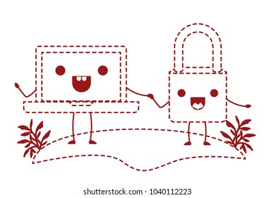 laptop computer with padlock kawaii character