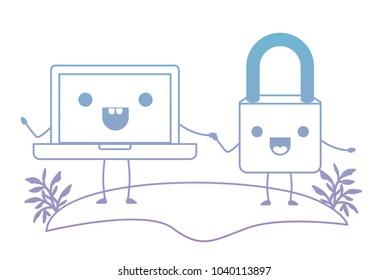 laptop computer with padlock kawaii character
