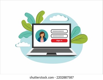 laptop computer with padlock and password security access or verification code notification, flat vector illustration