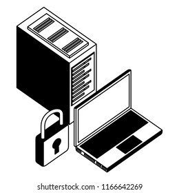 laptop computer with padlock and server data isometric icon