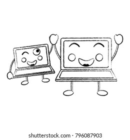 laptop computer pair cartoon kawaii character