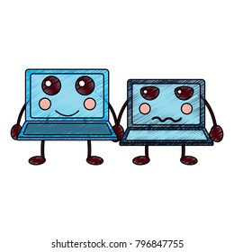 laptop computer pair cartoon kawaii character
