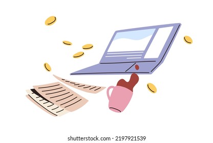 Laptop computer, paper documents, scattered money coins and coffee cup falling. Work fail, business problem, crisis, chaos and disorder concept. Flat vector illustration isolated on white background