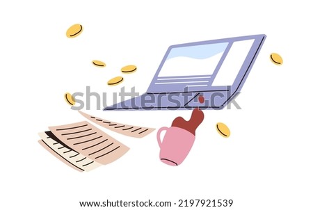 Laptop computer, paper documents, scattered money coins and coffee cup falling. Work fail, business problem, crisis, chaos and disorder concept. Flat vector illustration isolated on white background