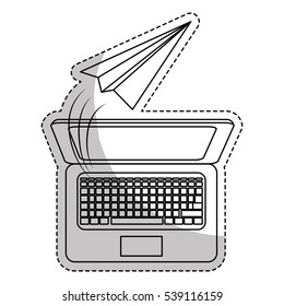 laptop computer with paper plane icon over white background. start-up concept. vector illustration