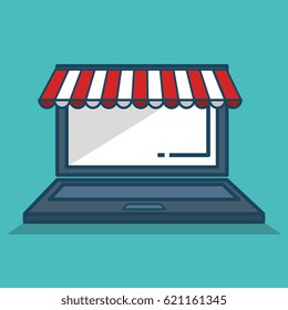 laptop computer with parasol isolated icon