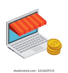 laptop computer with parasol and pile coins vector illustration design