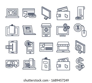 laptop computer and payments online icon set over white background, line style, vector illustration