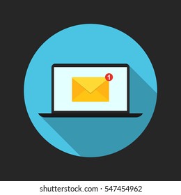 Laptop Computer PC with message icon in flat design, vector illustration