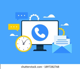 PC portátil con icono de llamada telefónica en pantalla. Concepto de línea directa de apoyo a Internet en línea. Ilustración de diseño gráfico plano vectorial