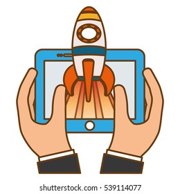 laptop computer with pencil launching icon over white background. start-up concept. colorful design. vector illustration