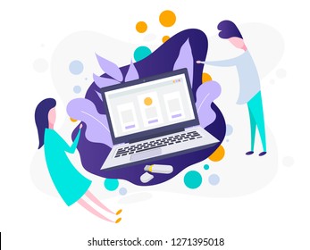 Laptop computer with people. Laptop flat illustration.