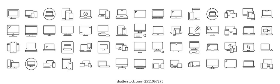 Laptop, Computer, Phone, Tablet Bundle of Thin Icons. Editable Stroke. Suitable for Web Sites, Books, Cards, Apps