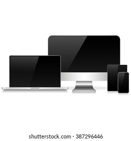 Laptop, computer, phone and  tablet with shadow on a white background