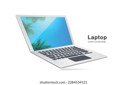 Laptop computer with picture on screen of coconut tree, the sky and soft sunlight and the wind blowing,vetor 3d isolated on white background for summer concept,laptop for summer advertising design