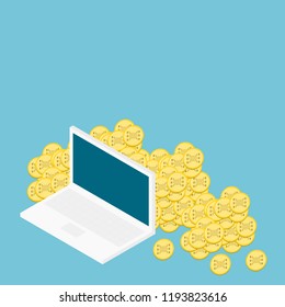 laptop computer with pile of cryptocurrency coins on blue background; digital currency market, profit investment, electronic money concept.