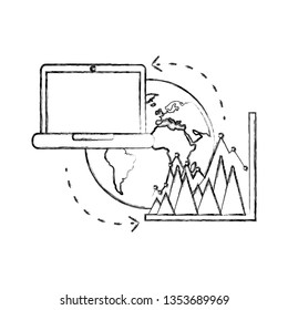 laptop computer with planet earth and statistic graphic