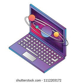 laptop computer with planets orbiting isometric icon