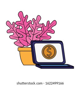 laptop computer and plant in a pot over white background, vector illustration