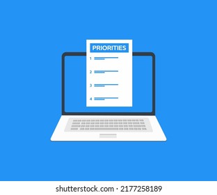 Laptop computer Priorities priority list business concept logo design. Organizing priorities, corporate business team collaboration concept, investment project working and planning strategy vector.