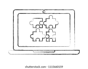 laptop computer with puzzle pieces isolated icon