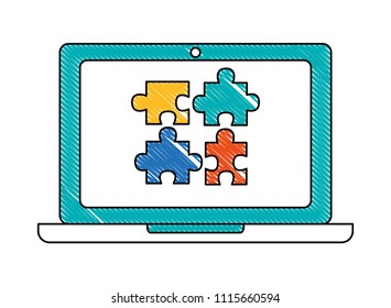 laptop computer with puzzle pieces isolated icon