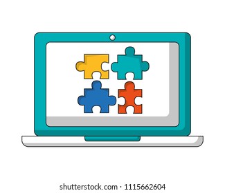 laptop computer with puzzle pieces isolated icon