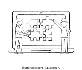 laptop computer with puzzle pieces and young men isolated icon