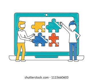 laptop computer with puzzle pieces and young men isolated icon