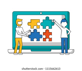 laptop computer with puzzle pieces and young men