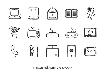 laptop computer and quarentine icon set over white background, line style, vector illustration