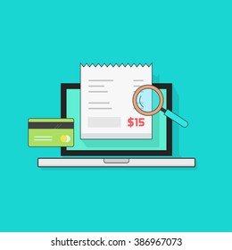 Computadora portátil con recibo, tarjeta de crédito, ampliador, concepto de pago de facturas, verificación, comprobación de impuestos en línea, auditoría, factura, verificación, ilustración vectorial diseño moderno aislado en fondo azul