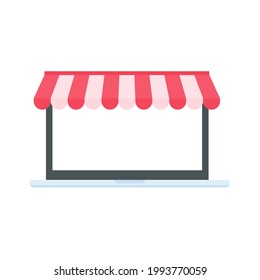 laptop computer with red awning and shopping bags online store concept