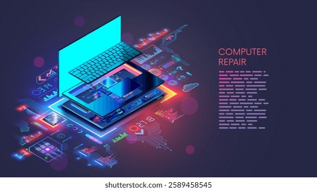 Laptop computer repair. Computer hardware technology. Repair, upgrade, maintenance laptop.  Repair service notebook. Isometric concept. Disassembled laptop, motherboard, keyboard. Devices maintenance 