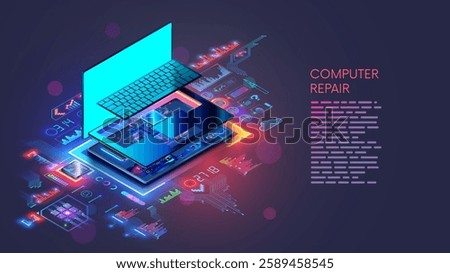 Laptop computer repair. Computer hardware technology. Repair, upgrade, maintenance laptop.  Repair service notebook. Isometric concept. Disassembled laptop, motherboard, keyboard. Devices maintenance 