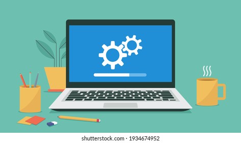 concepto de reparación de computadoras portátiles y desarrollo de sistemas de software, ilustración vectorial plana	