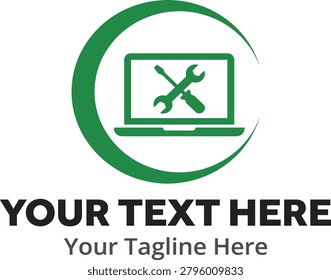 Laptop computer repair and technical support logo design template featuring green notebook icon with crossed screwdriver and wrench inside crescent circle frame