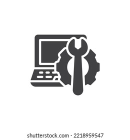 Laptop computer repair vector icon. filled flat sign for mobile concept and web design. Laptop with gear and wrench glyph icon. Symbol, logo illustration. Vector graphics