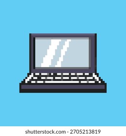 Laptop computer in retro 8-bit pixel art style on a blue background