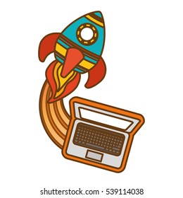 laptop computer with rocket launching icon over white background. start-up concept. colorful design. vector illustration