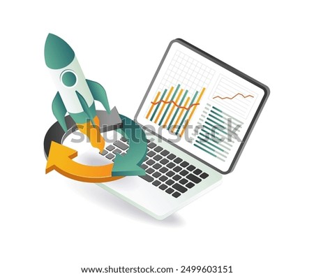 Laptop computer with rocket on top, symbolizing innovation and technology advancement