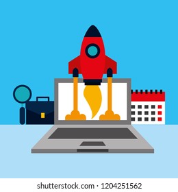 laptop computer with rocket and set icons