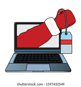 laptop computer with santa claus arm holding a price tag over white background, colorful design, vector illustration