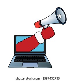 laptop computer with santas arm with megaphone icon over white background, vector illustration