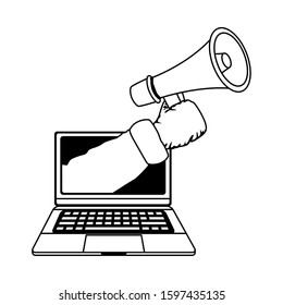 laptop computer with santas arm with megaphone icon over white background, vector illustration