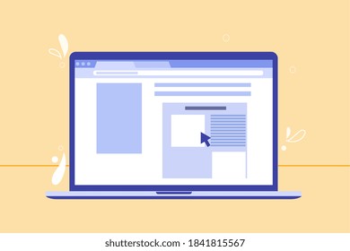 laptop computer screen, browsing the Internet and click. web surfing. Vector illustration, flat design.