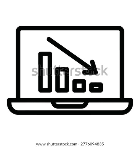 Laptop computer screen with decreasing graph and arrow pointing down icon