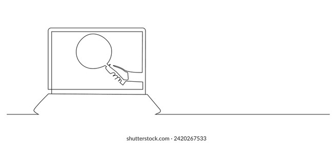 laptop computer screen magnifier search discovery security one line art design background vector