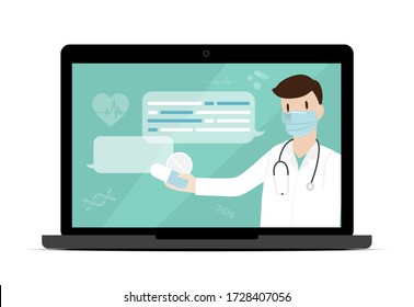 Laptop Computer screen on chat in messenger with Doctor and an online consultation. Vector flat illustration. Healthcare and E-Medical Concept Design for Banner, Poster and Advertising Background.