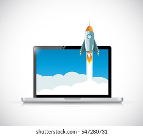 laptop computer screen and rocket illustration design over a white background